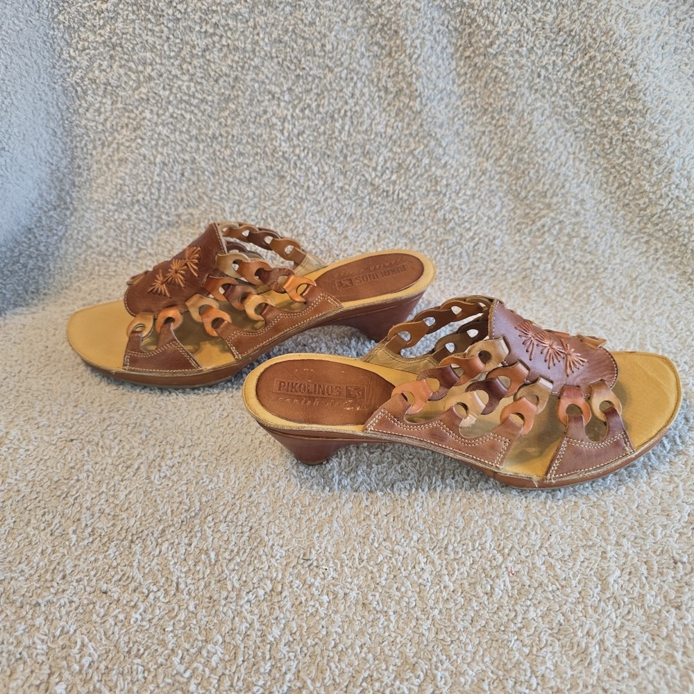 PIKOLINOS Women's Sandals Sz 40/US 9 Brown Leather Low Heel Wedge Slides Earthy